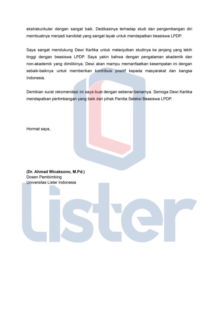 contoh surat rekomendasi lpdp