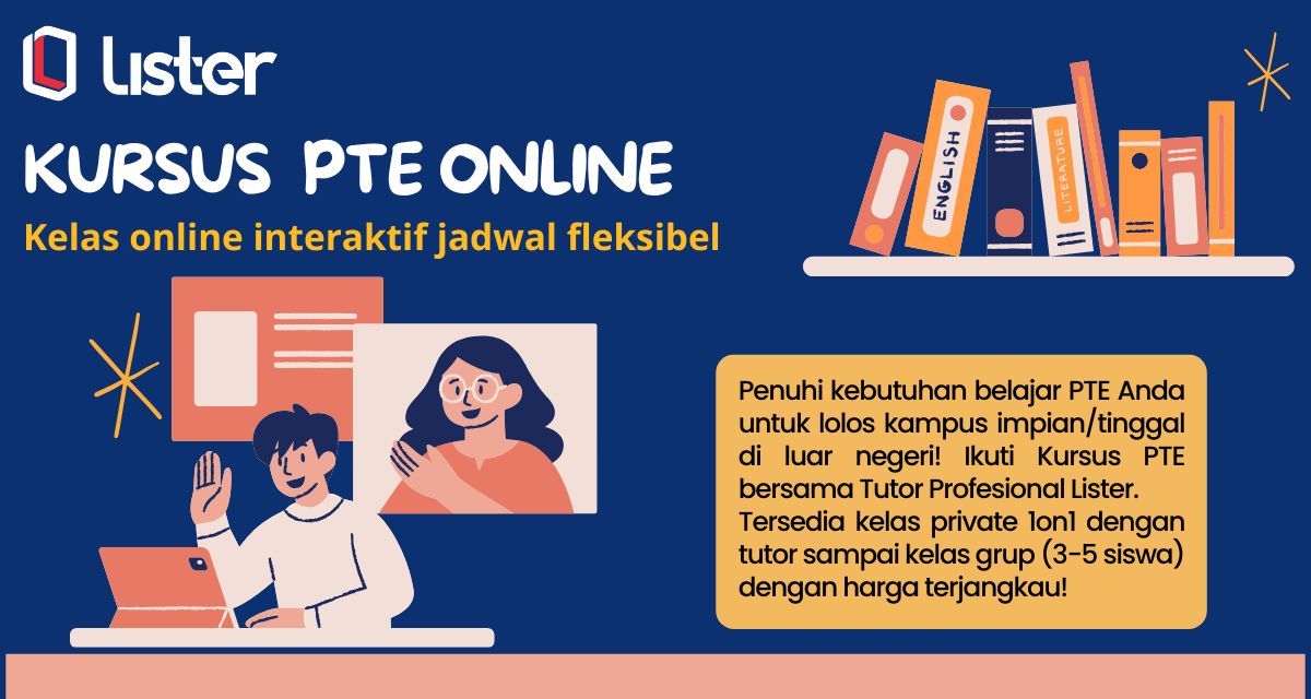 Ilustrasi kursus PTE online Lister dengan latihan bersama tutor