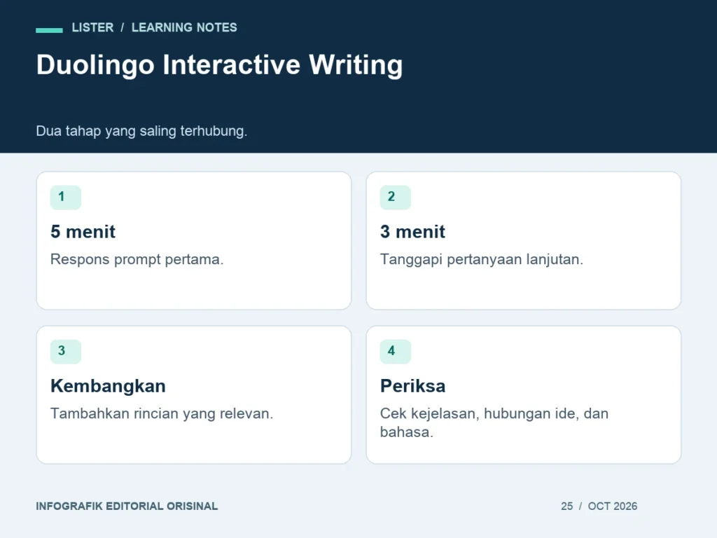 Duolingo Interactive Writing: 5 menit, 3 menit, Kembangkan, Periksa.