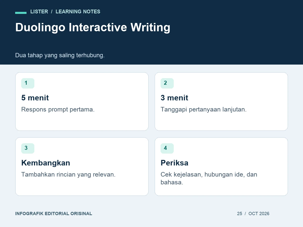 Duolingo Interactive Writing: 5 menit, 3 menit, Kembangkan, Periksa.