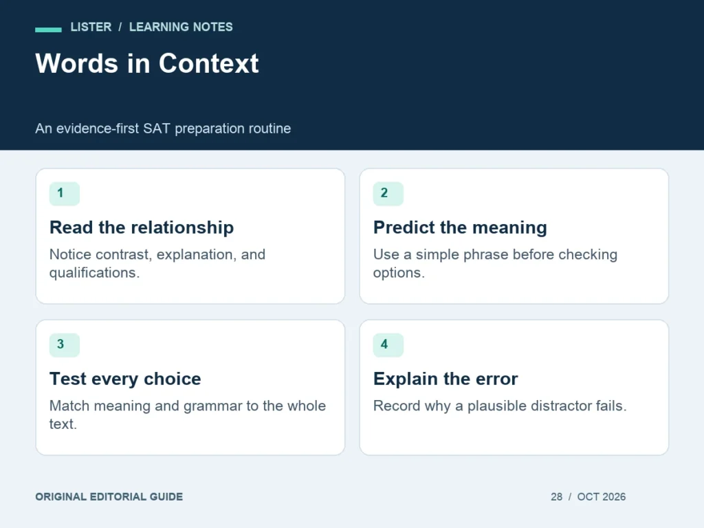 Words in Context: Read the relationship, Predict the meaning, Test every choice, Explain the error.