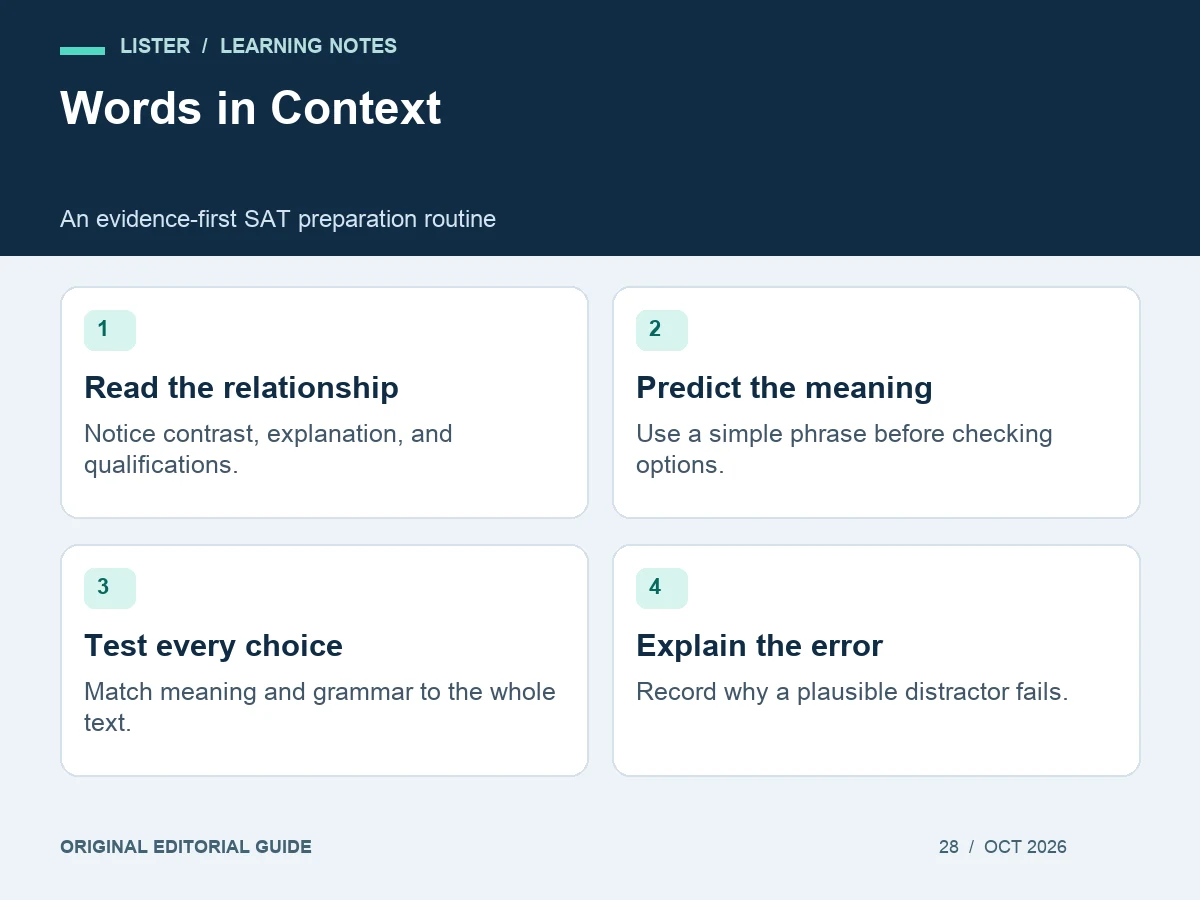 Words in Context: Read the relationship, Predict the meaning, Test every choice, Explain the error.