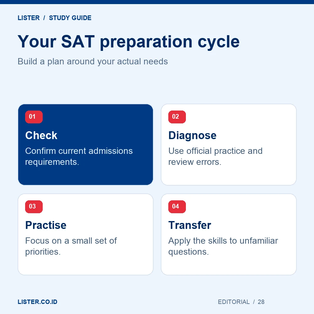 Check: Confirm current admissions requirements.; Diagnose: Use official practice and review errors.; Practise: Focus on a small set of priorities.; Transfer: Apply the skills to unfamiliar questions.
